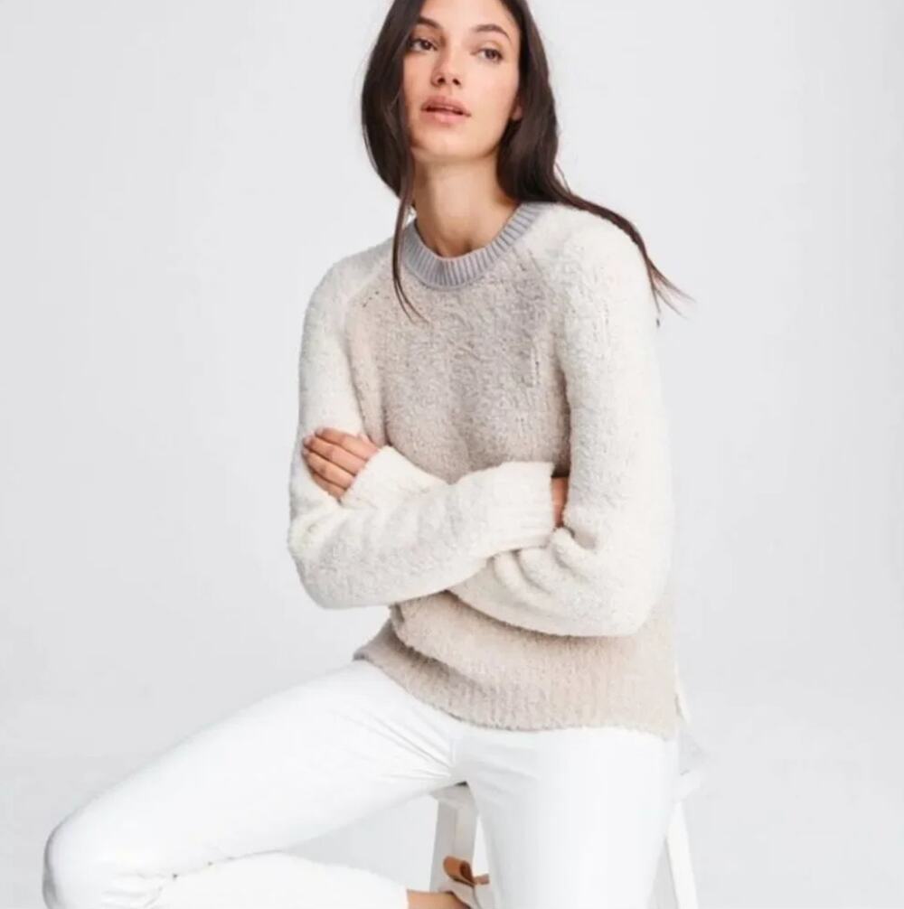 Rag & Bone Davis Sweater Small colorblock wool blend teddy crewneck cream beige